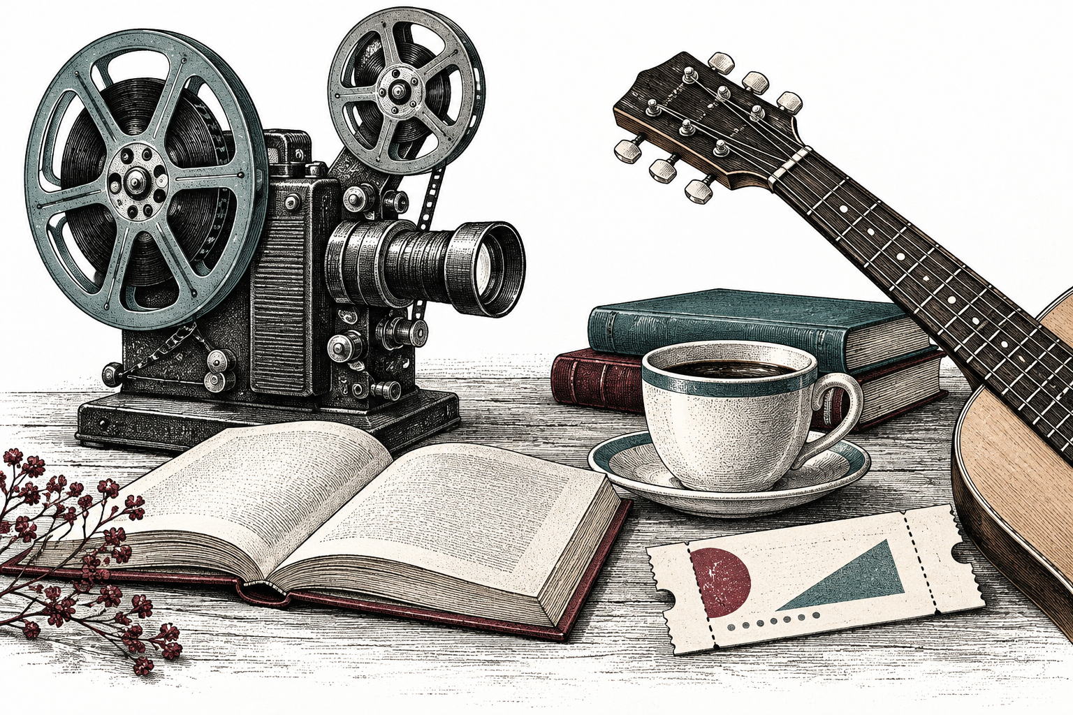 Handgezeichnetes Stillleben mit Filmprojektor, Büchern, Gitarre, Ticket und Kaffee.